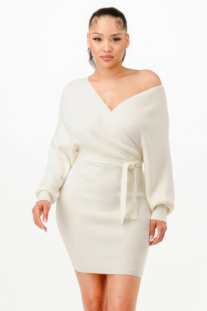 Off Shoulder Belted Sweater Dress