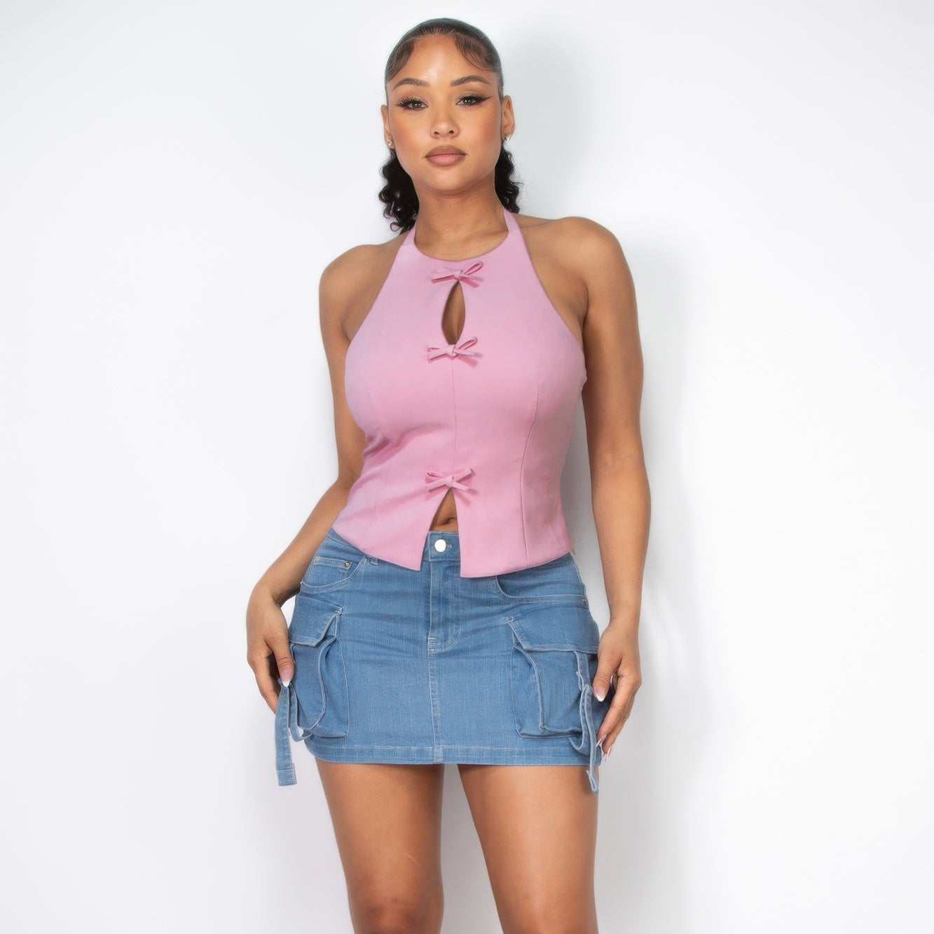 Halter ribbon open-back crop top