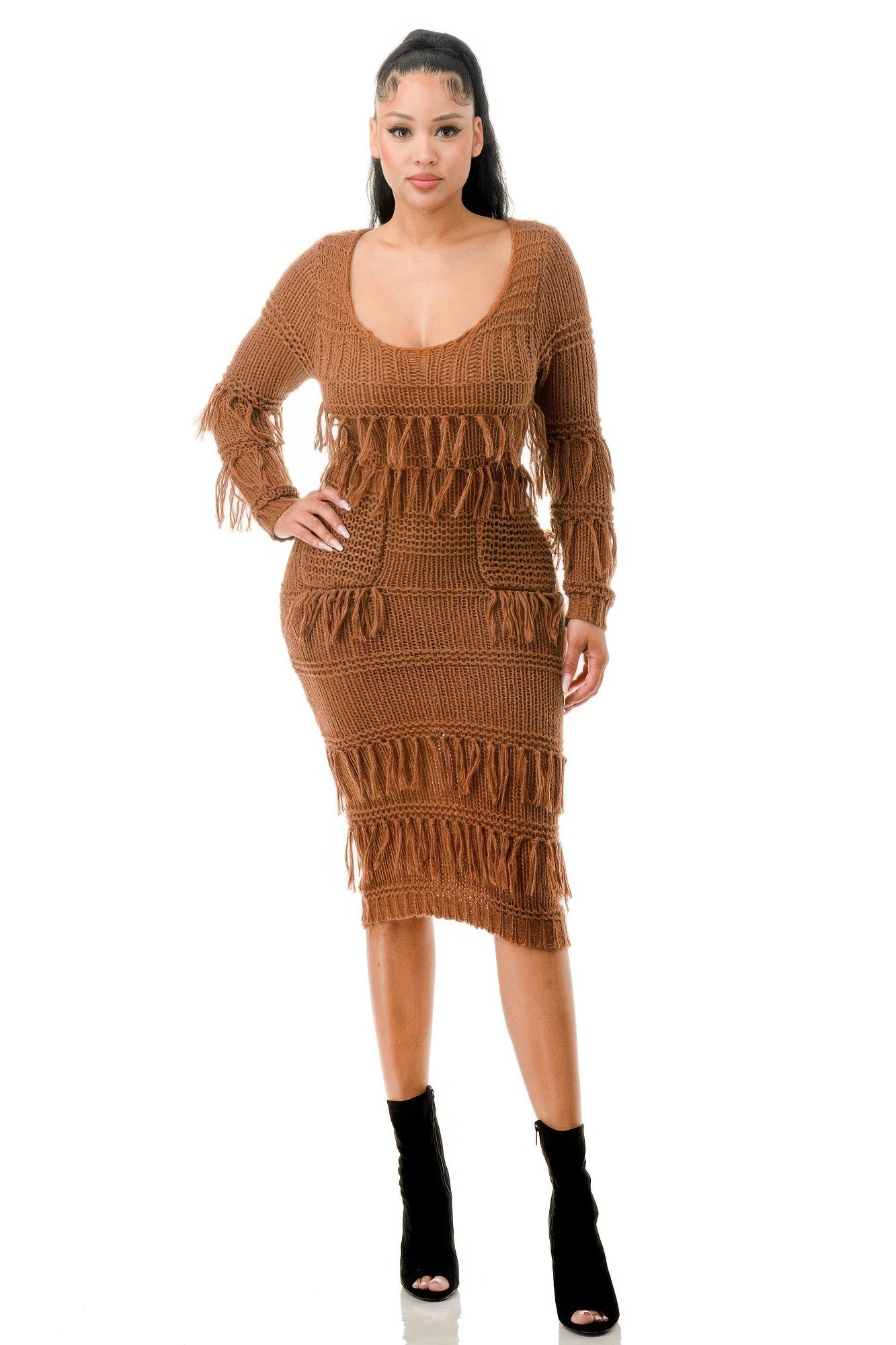 Fringe Knit Long Sleeve Dress