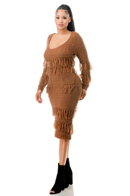 Fringe Knit Long Sleeve Dress