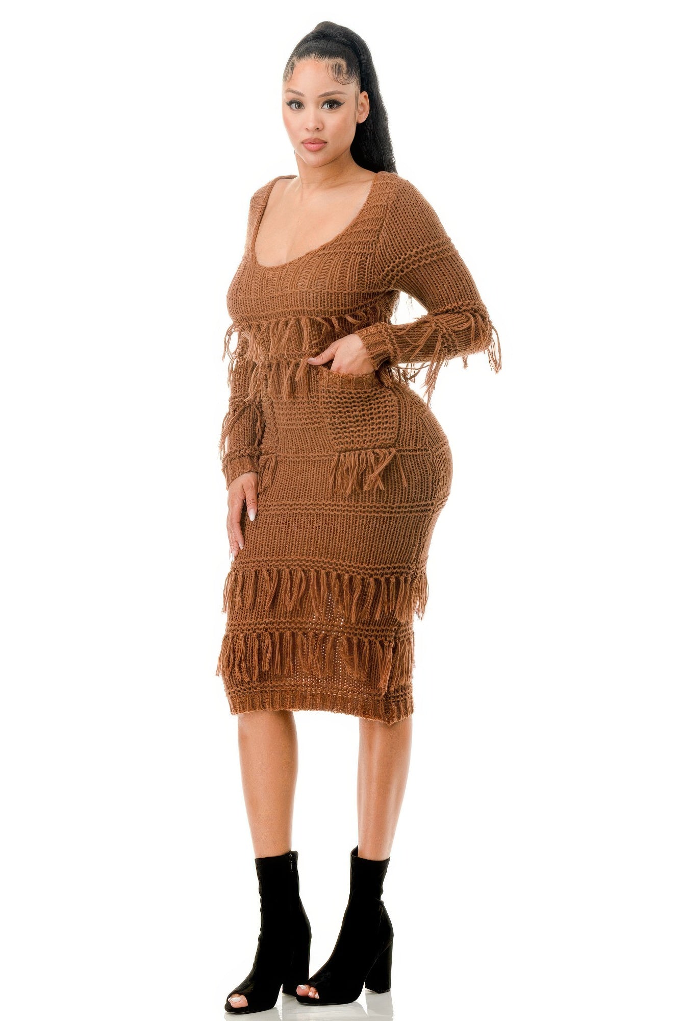 Fringe Knit Long Sleeve Dress