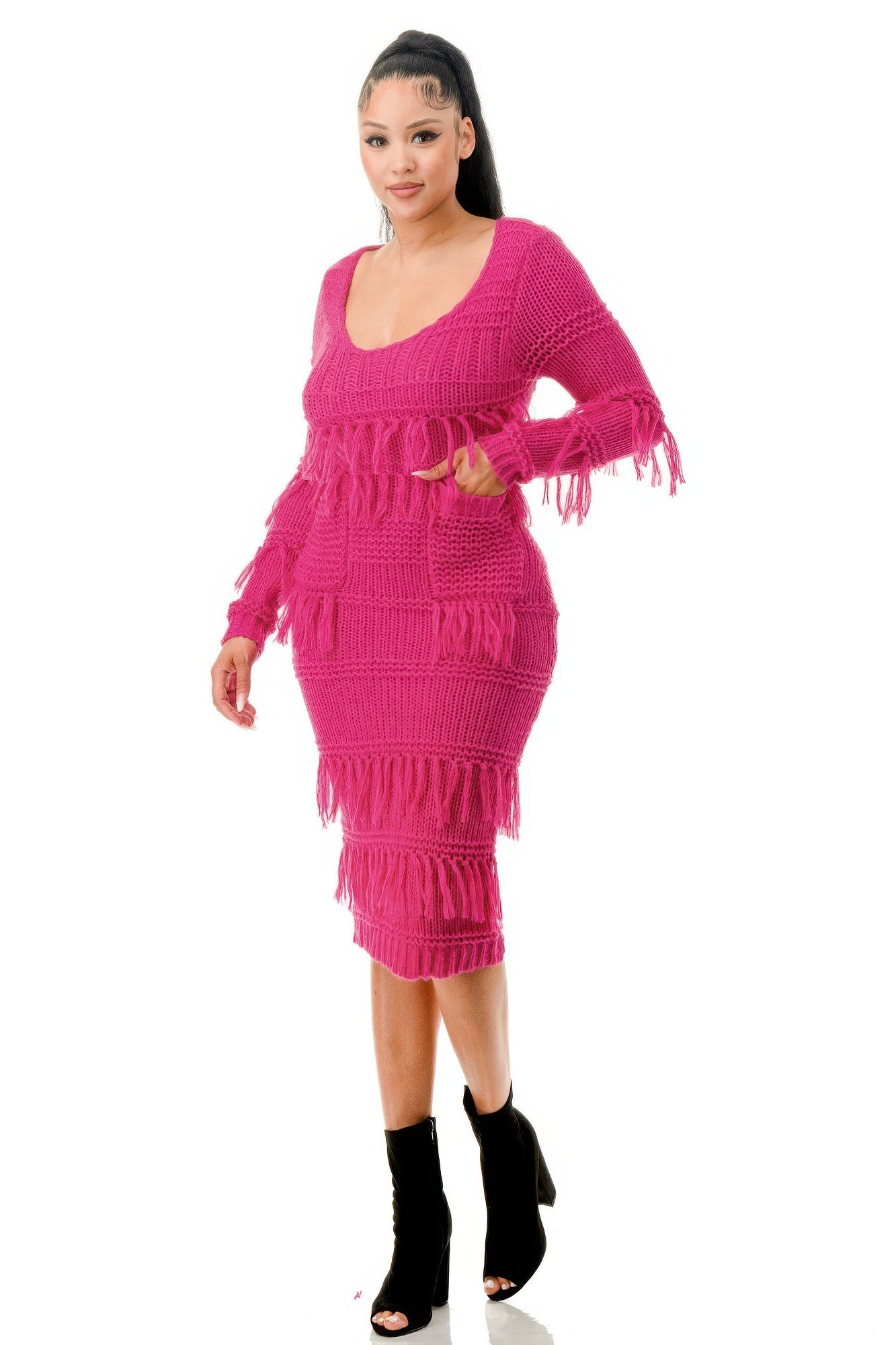 Fringe Knit Long Sleeve Dress