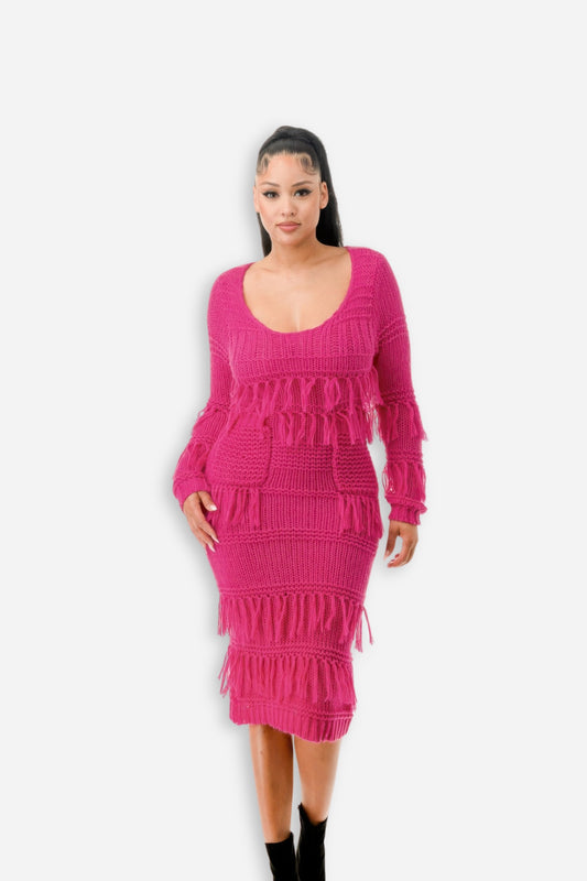 Fringe Knit Long Sleeve Dress