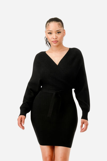 Off Shoulder Belted Sweater Dress