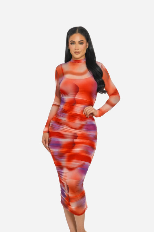 Summer Print Ruched Midi Dress