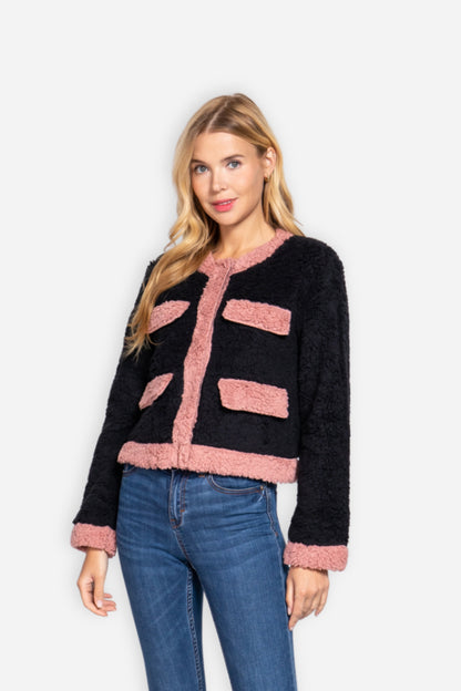 Long Sleeve Pocket Detail Faux Fur Jacket