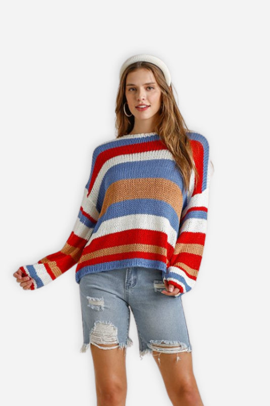 Multicolored Stripe Long Sleeve Knit Sweater