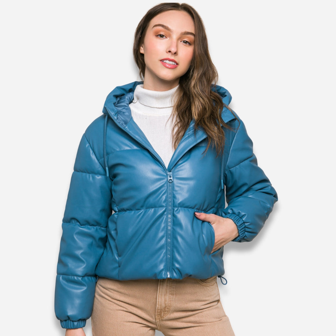 Faux Leather Hooded Puffer Jacket